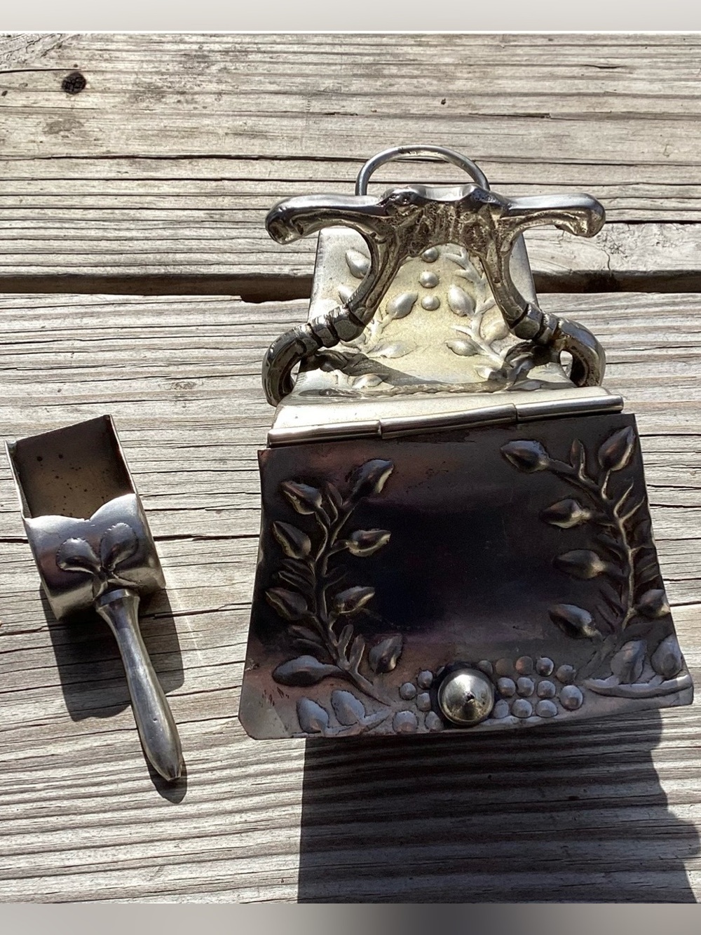 Vintage Silver-Tone Decorative Embossed Sugar/Salt Well with Scoop